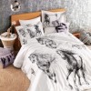 Lenjerie de pat din bumbac satin alb cu imprimeuri negre artistice și logo Beverly Hills Polo Club