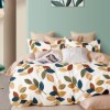 Lenjerie de pat percale cu frunze multicolore din bumbac 100%, set 3 piese, pat de o persoană, fabricată în România