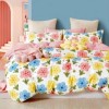 Lenjerie de pat percale albă cu flori colorate și text Happy Day, din bumbac 100%, set 3 piese, pat de o persoană, fabricată în România