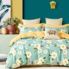 Lenjerie de pat percale verde mentă cu flori albe și galbene din bumbac 100%, set 3 piese, pat de o persoană, fabricată în România