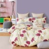 Lenjerie de pat percale flori roz și galbene pe fond crem, set de 3 piese, pat de 1 persoană, bumbac 100%, fabricată în România