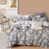 Lenjerie de pat percale gri cu flori albe, set de 3 piese, pat de 1 persoană, bumbac 100%, fabricată în România