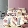 Lenjerie de pat percale cu frunze de palmier roz și gri, set 6 piese, fabricată în România.