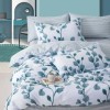 Lenjerie de pat percale cu imprimeu frunze verzi pe fundal alb și dungi albastre, din bumbac 100%, produse în România