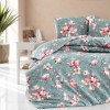 Lenjerie de pat verde cu magnolii roz Marea, bumbac 100%, 4 piese, cearșaf elastic, saltele 140x200 cm și 160x200 cm