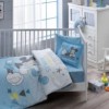 Lenjerie de pătuț Disney Mickey Mouse, design în nuanțe de albastru cu bule și stele, 4 piese, bumbac
