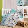 Set lenjerie pătuț flanel Cotton Box cu cățeluși dalmațieni și inimioare pe fond gri, cearșaf turcoaz uni