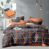lenjerie pat dublu gri cu model geometric portocaliu si cearsaf cu elastic portocaliu
