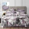 Lenjerie de pat dublu gri mov cu design geometric si cearsaf de pat cu elastic, 6 piese