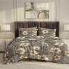Lenjerie pat dublu flori 6 piese ralex pucioasa bumbac poliester model floral elegant pe fundal gri
