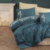 Lenjerie de pat din bumbac satinat Brode Saten Cotton Box, set 6 piese, design elegant cu broderii florale, culoare albastru închis.