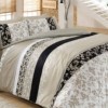 Lenjerie de pat dublu Cotton Box Deborah, bumbac 100% ranforce, design negru, alb și bej, motive florale și dungi elegante