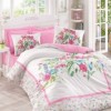Lenjerie de pat din bumbac 100% ranforce, Mehsima, roz intens și alb, imprimeu floral viu colorat