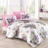 Lenjerie de pat din bumbac 100% ranforce, Stella, alb și roz intens, imprimeu floral cu hortensii și flori roz, albastre și verzi