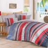 Lenjerie de pat din bumbac 100% ranforce, Vera, albastru, roșu și gri, imprimeu modern de dungi și modele geometrice