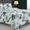 Lenjerie de pat dublu alba cu imprimeu floral verzi si cearceaf uni verde