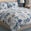 Lenjerie de pat dublu alba cu imprimeu floral bleu/albastru cu cearceaf uni bleu