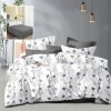 Lenjerie de pat dublu alba cu imprimeu flori gri albastrui si cearsaf drept uni gri inchis