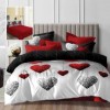 Lenjerie de pat dublu alba cu imprimeu inimi rosu gri si cearsaf drept uni rosu
