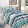 Lenjerie de pat dublu bumbac 100% ranforce bleu, albastru și alb cu design în dungi - Bahar Home Marino