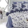 Lenjerie de pat dublu Ralex Pucioasa Andora, bumbac 100% ranforce, design elegant alb și albastru, motive florale și accente de dantelă