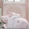 Lenjerie de pat dublu Ralex Pucioasa Anrosen, bumbac 100% ranforce, design roz și alb, motive florale și dungi delicate