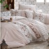 Lenjerie de pat dublu Ralex Pucioasa Costa, bumbac 100% ranforce, design elegant alb și maro, motive florale și geometrice pentru un aspect clasic și rafinat