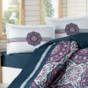 Lenjerie de pat dublu Ralex Pucioasa Enjoy, bumbac 100% ranforce, design albastru, alb și roșu, motive tradiționale și detalii ornamentale