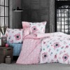 Lenjerie de pat bumbac 100% ranforce Lir V1 cu model floral în nuanțe de roz, albastru și alb