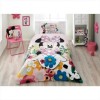 Lenjerie de pat Disney Tac Minnie Glitter, imprimeu roz multicolor cu Minnie Mouse și flori, 3 piese, bumbac.