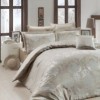 Lenjerie de pat din jacquard satin cu motive florale și damasc în nuanțe de crem și bej pe fundal alb perlat, 4 piese, Nazenin Home Lisa