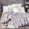 lenjerie pat dublu, satin de lux, Kaldera, design damasc, lila, alb, bumbac satinat, set 4 piese