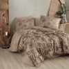 Lenjerie de pat dublu satin de lux bej cu design floral maro închis și frunze delicate