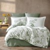 Lenjerie de pat dublu satin de lux alb cu design de frunze verzi
