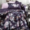 Lenjerie de pat dublu din satin mov cu flori și imprimeu digital, model Pera