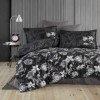 Lenjerie de pat dublu satin de lux neagră cu design de flori albe și gri