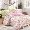 Lenjerie de pat din bumbac 100% ranforce cu model floral în nuanțe de roz și verde pe fundal alb