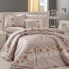 Lenjerie de pat ranforce Bahar Home Liva v2 cu design elegant în dungi delicate și motive florale roz și alb