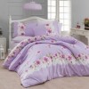 Lenjerie de pat ranforce Bahar Home Liva v4 cu design elegant în dungi delicate și motive florale mov și alb