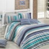 Lenjerie de pat dublu bumbac 100% ranforce bleu, albastru și alb cu design în dungi - Bahar Home Marino