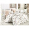 Lenjerie de pat din bumbac ranforce Modena V3 cu design floral, în nuanțe de bej, verde și alb
