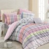 Lenjerie de pat din bumbac ranforce Riva cu design în carouri multicolore, nuanțe de roz, verde, gri și alb