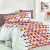 Lenjerie de pat pentru o persoană Bahar Home Serried, bumbac 100% ranforce, design roșu, portocaliu și verde, motive geometrice viu colorate