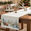 Napron Craciun Home for Christmas 40x150 cm alb cu sat inzapezit, pod de piatra, brazi si camioneta rosie
