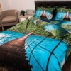 Lenjerie de pat dublu cu imprimeu 3D de pod suspendat peste apă turcoaz și vegetație luxuriantă. Lenjerii de pat 1+1 gratis.
