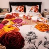 Lenjerie de pat dublu cu imprimeu 3D de flori multicolore și mesaje romantice pe fundal alb. Lenjerii de pat 1+1 gratis.