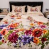 Lenjerie de pat dublu cu imprimeu 3D de flori de primăvară în culori intense pe fundal alb. Lenjerii de pat 1+1 gratis.