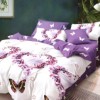 Lenjerie de pat dublu cu model inimi și fluturi mov pe fundal alb și violet, set 4 piese