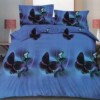 Lenjerie de pat 1+1 gratis cu fluturi negri și mov, fundal albastru, set 4 piese din bumbac satinat
