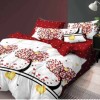 Lenjerie de pat 1+1 gratis cu copaci stilizați și inimioare, fundal alb și roșu, set 4 piese din bumbac satinat